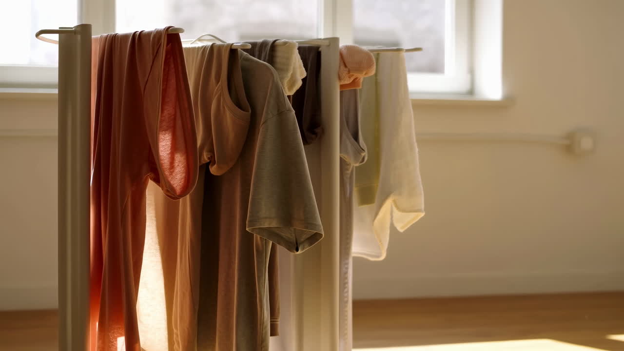 Stendibiancheria illuminato dal sole con vestiti appesi vicino a una finestra che proietta un caldo raggio di sole sul pavimento in legno, assortimento.