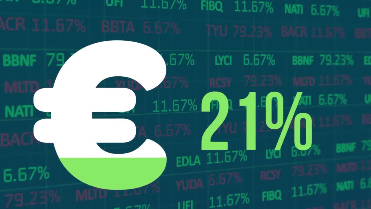 Animazione del simbolo dell'euro con percentuale su elaborazione dati finanziari
