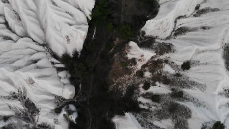 Drone-Sigue-Desde-Arriba-Una-Franja-Verde-De-árboles-En-Medio-De-Colinas-Blancas-En-El-Valle-Del-Amor-Al-Atardecer--kapadokya