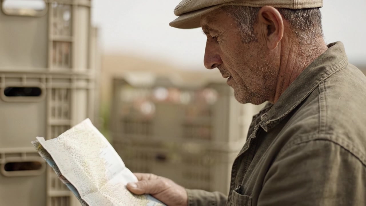 Un agricoltore pensieroso esamina una mappa, riflettendo sui suoi piani agricoli tra casse in un sereno paesaggio rurale sotto un cielo tenue.