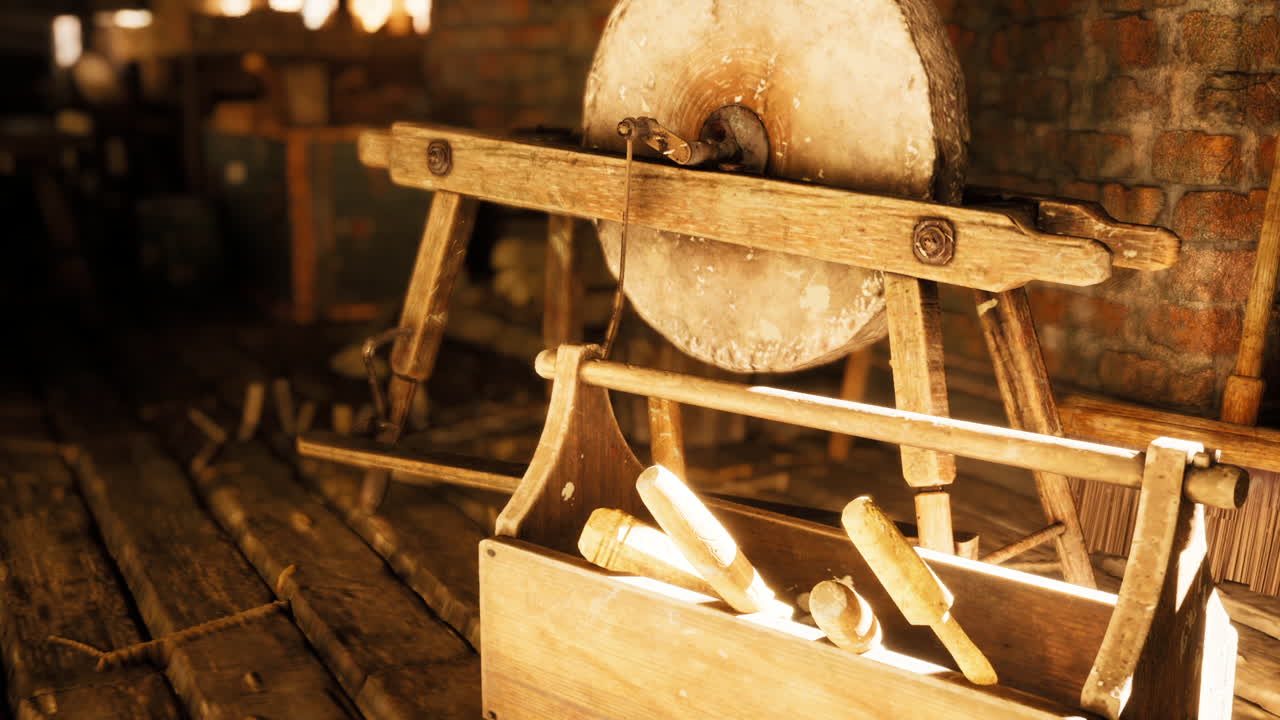 Traditional woodworking tools and equipment in a rustic workshop