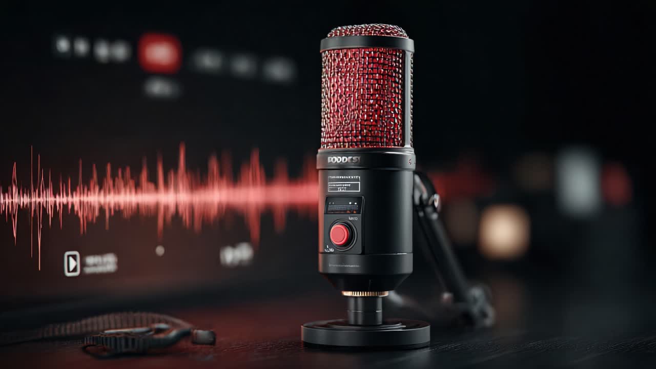 High-Quality Audio Microphone Setup with Visual Sound Waves Displayed in Background for Clear Recording and Streaming Applications