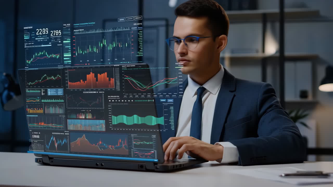 Professional Man Analyzing Financial Data and Market Trends on a Futuristic Laptop