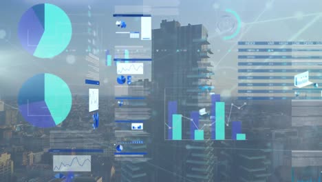 animación de la red de conexiones y procesamiento de datos sobre el paisaje urbano