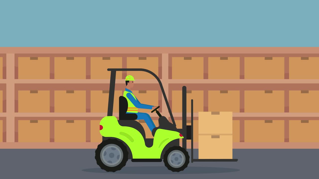 Male worker driving forklift in storage warehouse