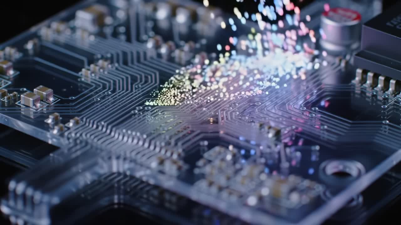 An Intricate Exploration of a Transparent Circuit Board Illuminated by Colorful Lights Showcasing Advanced Electronics and Complex Pathways in a Technological Wonderland