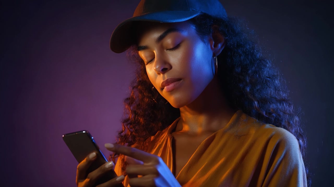 Kvinne med krøllete hår og caps, fordypet i smarttelefonen sin, opplyst av en fargerik bakgrunn, formidler en følelse av fokus og moderne tilknytning i den digitale tidsalder.