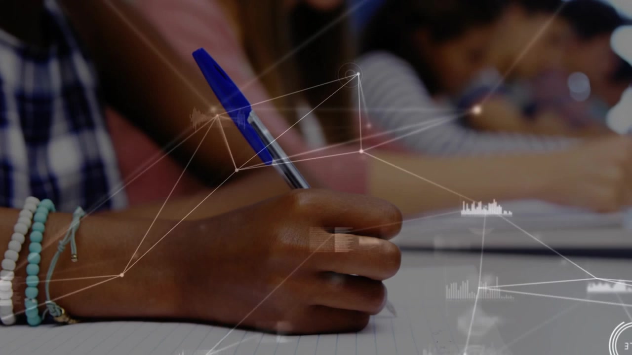 Vertical video: Student placing blue pen on notebook, writing for education while HUD crossing hand