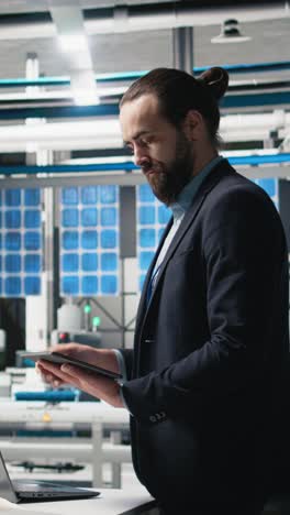 vertical video general director doing inspection in a solar panels manufacturing plant