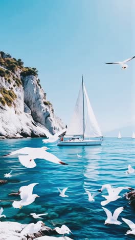 beautiful coastal scenery with sailboat and seagulls