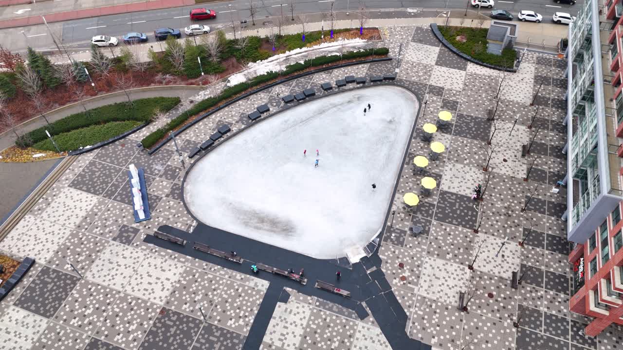 Aerial Drone View of Ice Rink with Skaters in Ajax, Ontario, Canada