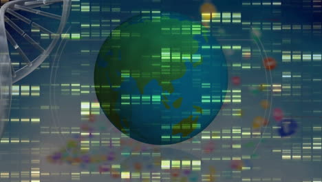 animación de cuadrados de mosaico y escaneo de alcance sobre la estructura del adn y el giro del globo
