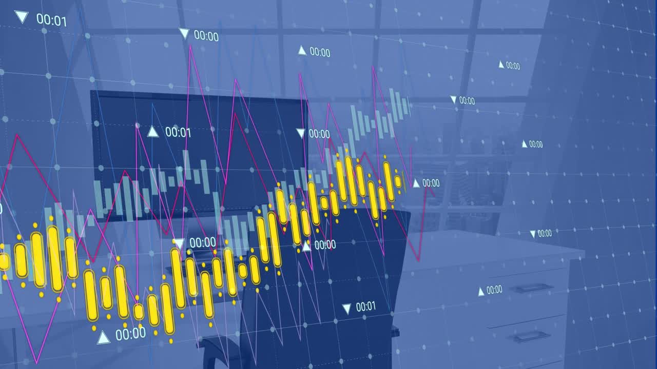 사무실 의 책상 에 있는 데스크 ⁇  과 키보드 위 에 있는 거래 보드 와 그래프 의 애니메이션