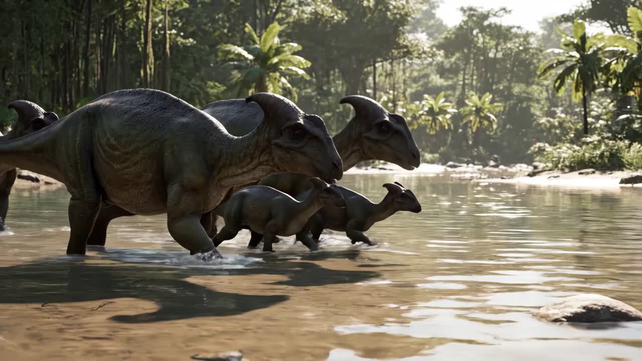 Herd of Dinosaurs Crossing a River