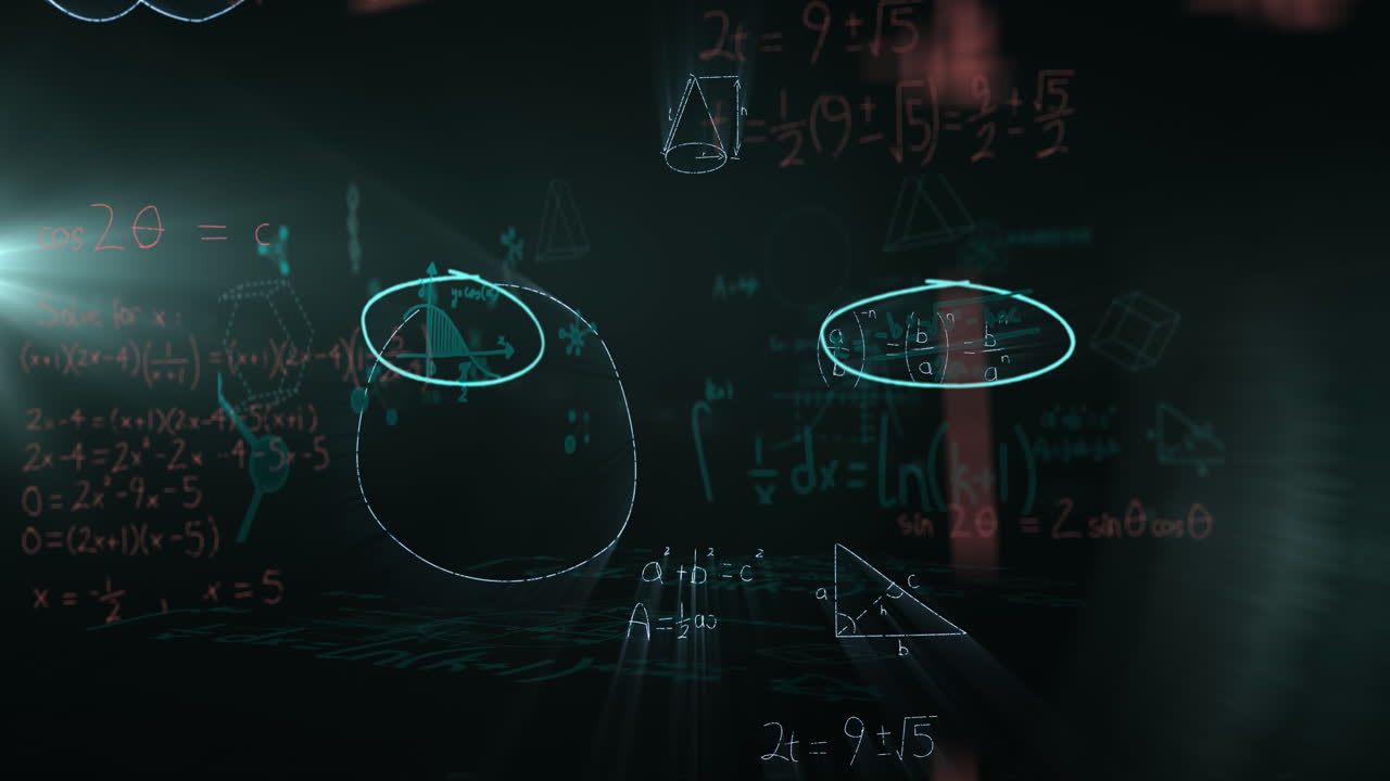 Mathematical equations floating against black background