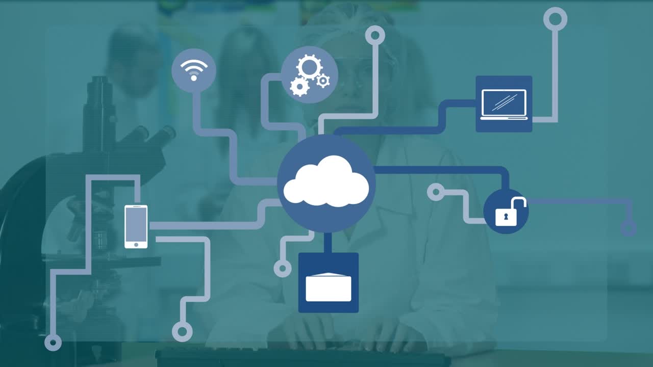 Animation of technology icons over caucasian female lab worker
