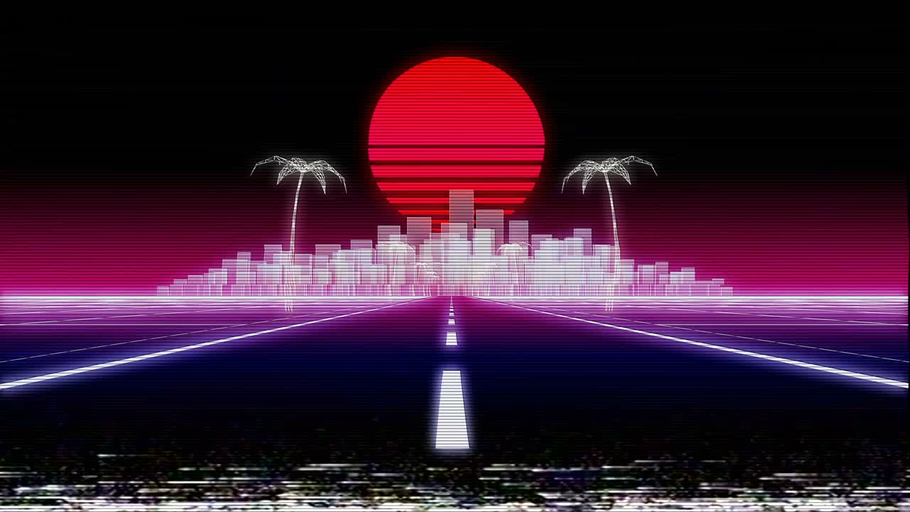 synthwave city road 80s Retro glitch 3d render