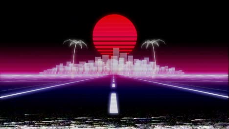 synthwave city road 80s retro glitch 3d render