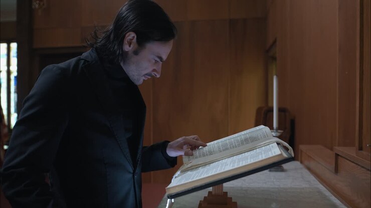 Uomo cristiano in chiesa che legge una Bibbia con un primo piano delle pagine