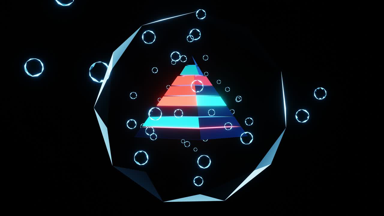 네온 디스코 피라미드와 함께 반이는 크리스탈 구 안에서 떠다니고 있습니다.