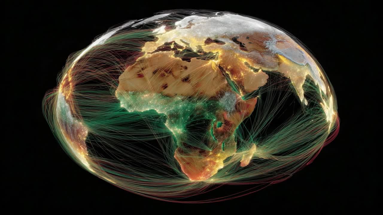 Visualizing Global Connectivity: A Stunning Representation of Data Flow and Network Interactions Over Africa and Surrounding Regions