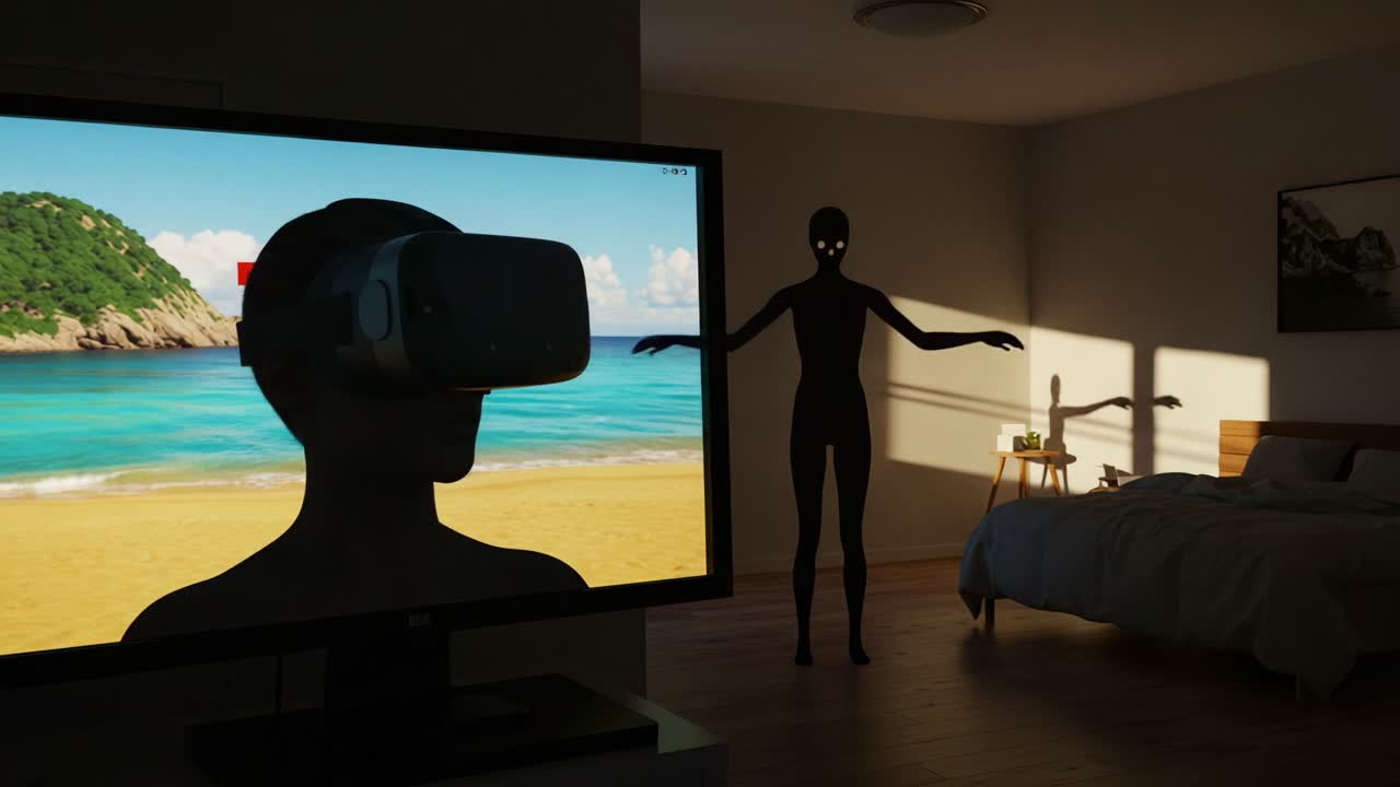 Exploring Virtual Realities: A Scene of Immersion with VR Technology and a Surreal Silhouette in a Room with a Beach View
