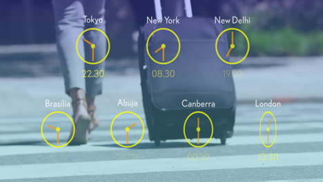 animation of clocks with time in time zones over man walking with suitcase