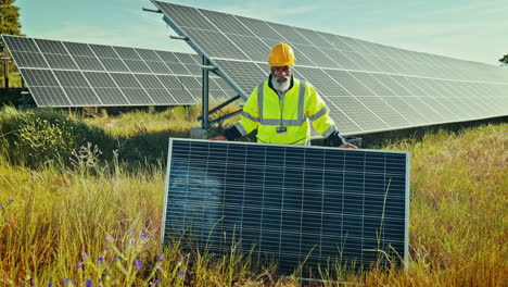 engineering, man or smile with solar panels
