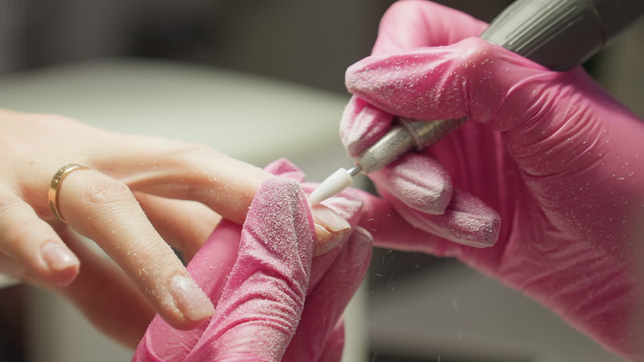 Close-up of nail technician in pink gloves carefully filing client nail using electric file, creating visible dust particles and Client wears gold ring while technician shape nails with precision
