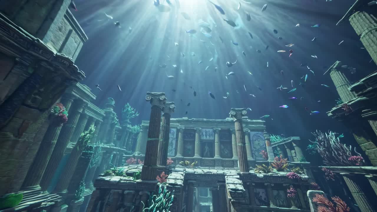 Underwater ancient ruins with fish swimming, captured from a low-angle, creating a mystical