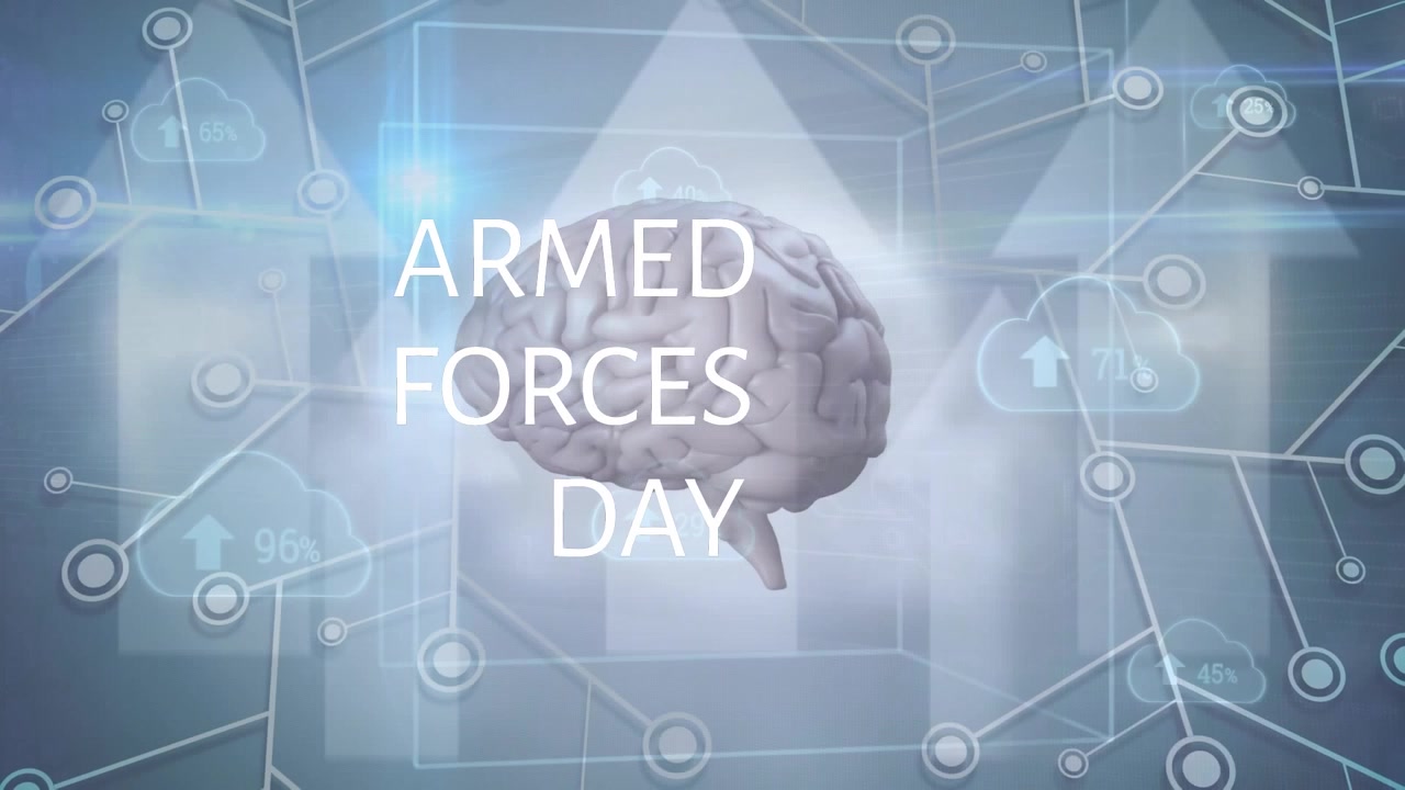 Animation of data processing and brain over armed forces day text and network of connections