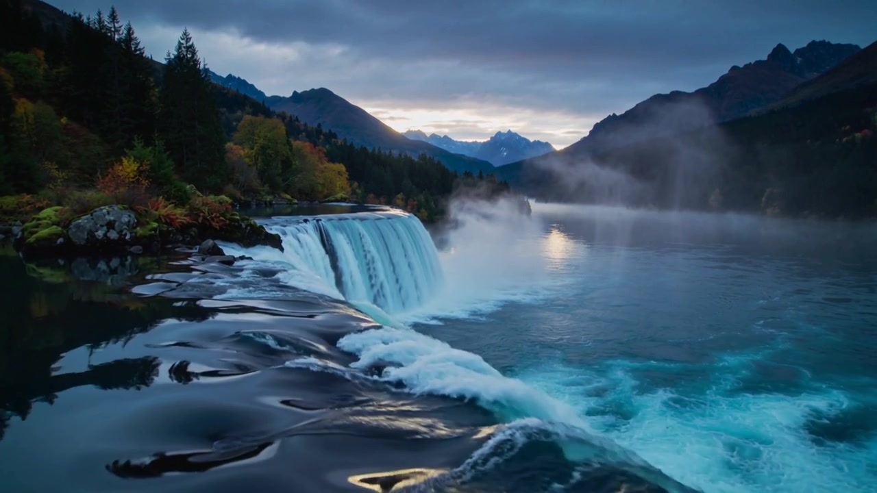 Flowing mountain river reaching rocky ledge, starting falls pouring into teal pool with mist