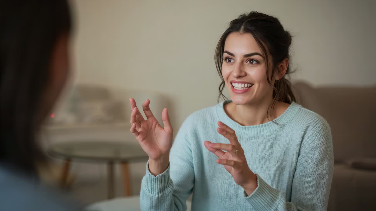 Spiegazione di una donna che indossa un maglione blu che chiarisce un punto, gesticolando mentre la conversazione inizia su un divano