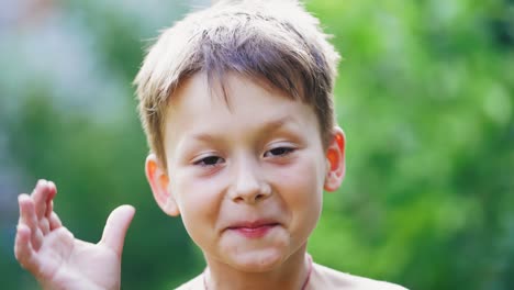 portrait of a happy boy on the blurred background. close-up face of a little boy making funny grimaces with the help of his hands in summer.