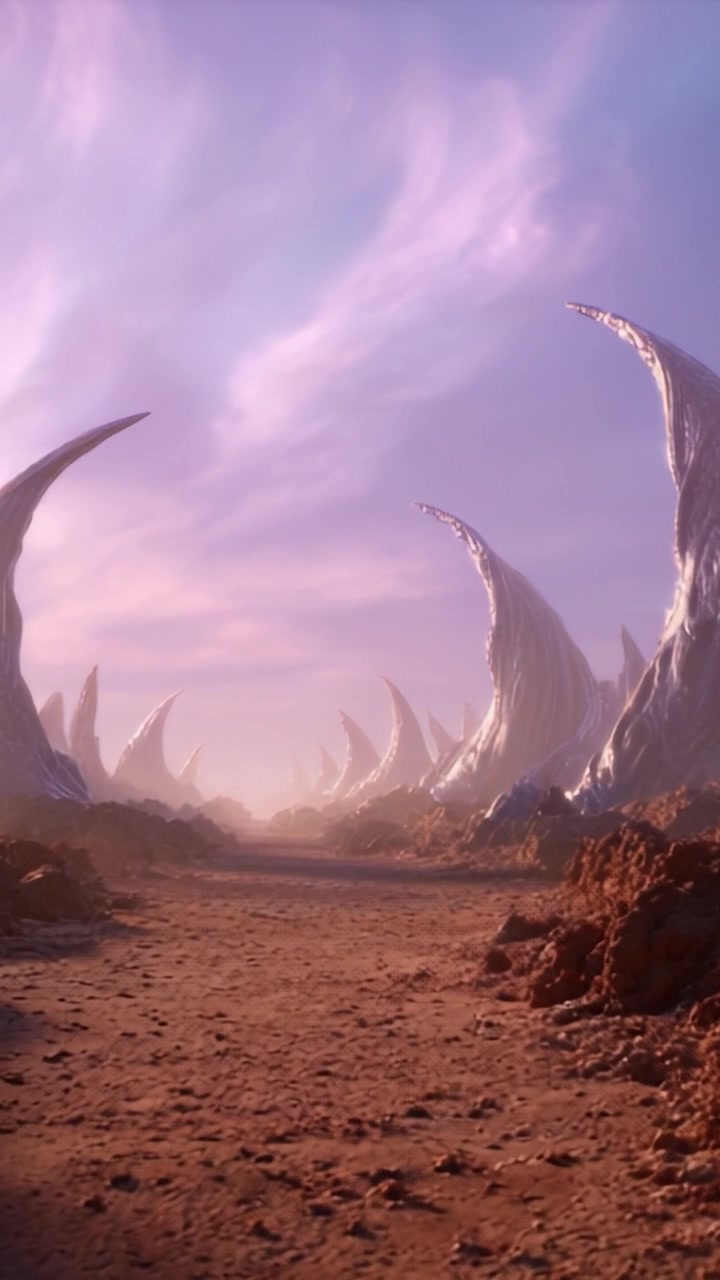 Surreal Landscape with Jagged Peaks and Ethereal Sky: A Journey Through an Otherworldly Terrain with Dreamlike Colors and Unique Geological Formations