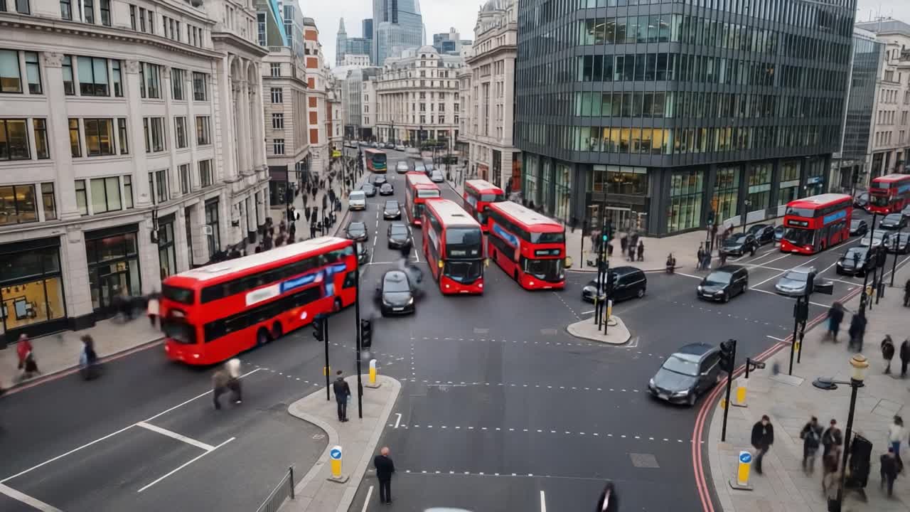 Busy London City Street with Iconic Double-Decker Buses and Pedestrian Traffic