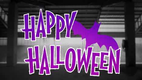animation of happy halloween text over bat and window