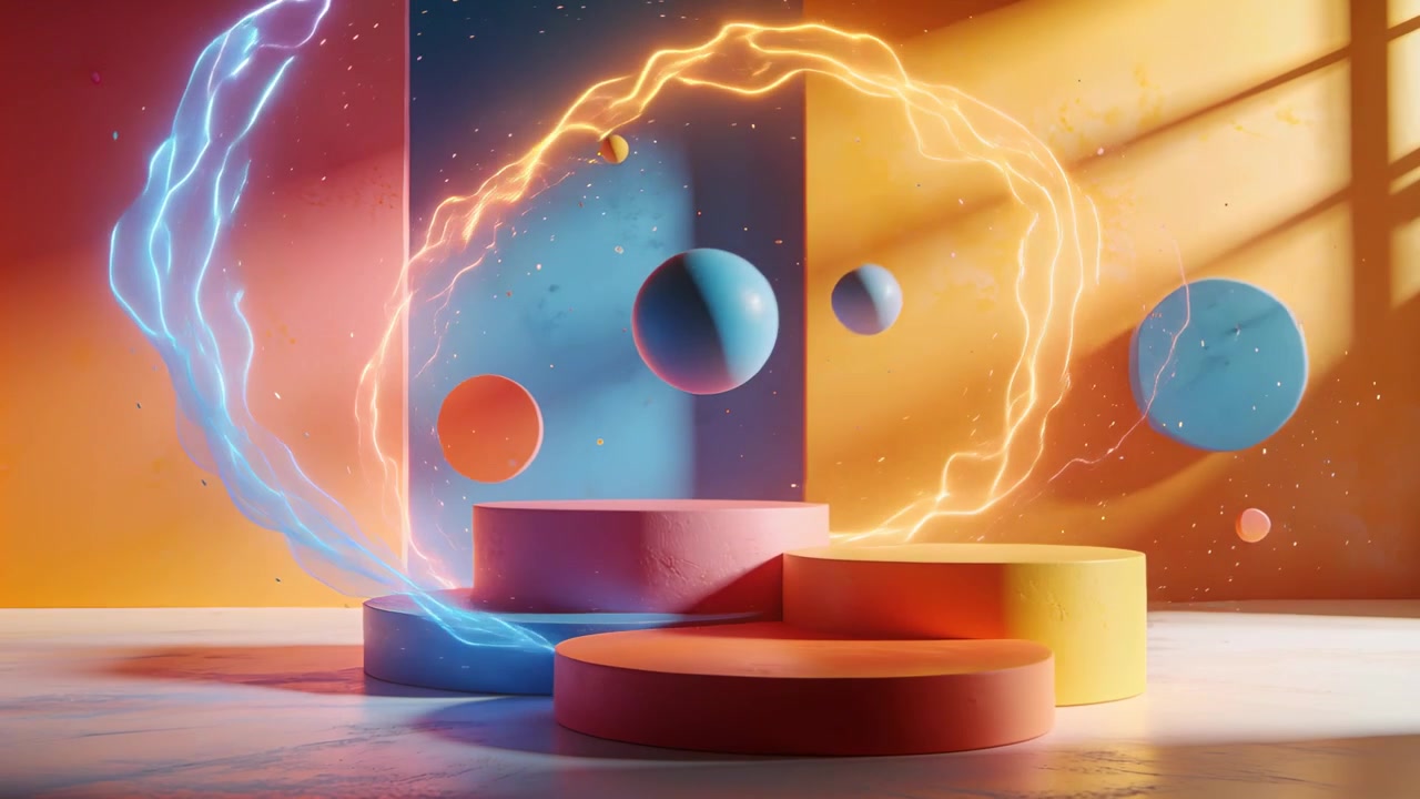 Sparking at podium gap blue pink orange podiums and spheres forming looping energy arcs in studio