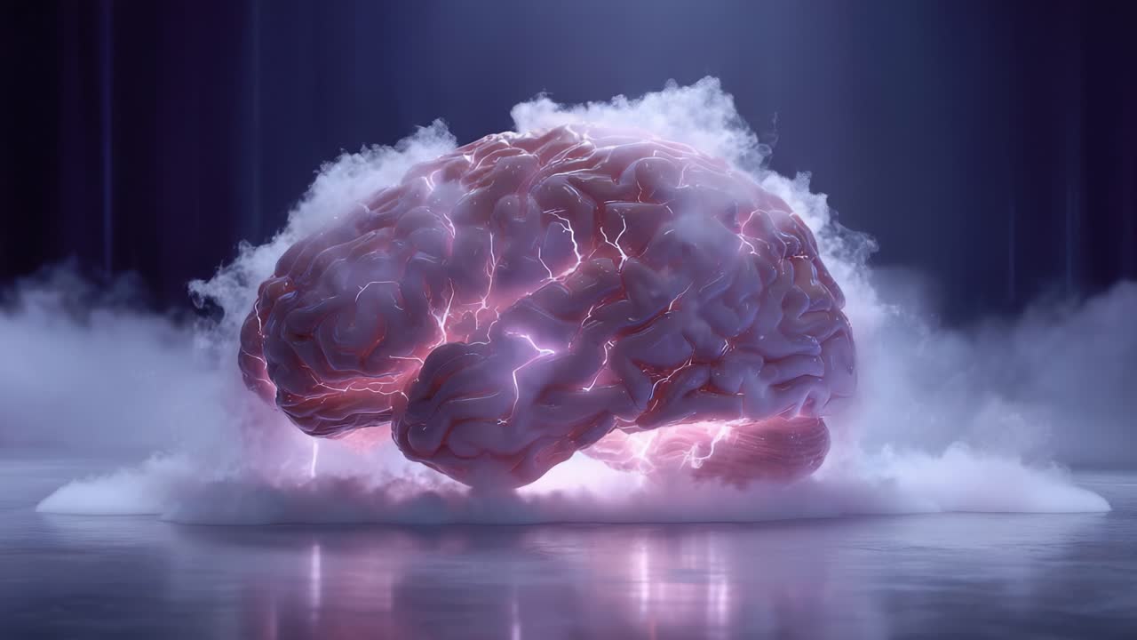 Una straordinaria visualizzazione di un cervello circondato da energia mistica e nuvole, che cattura l'essenza del pensiero, dell'intelligenza e della creatività in un'opera d'arte straordinaria