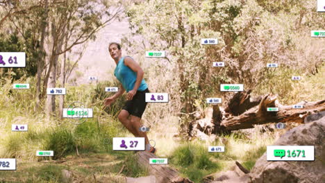 man balancing on cut tree trunk in forest clearing, displaying social media marketing counters