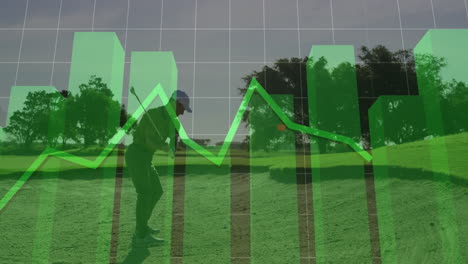 golfer swinging club on golf course, showing business data charts and performance line graphs