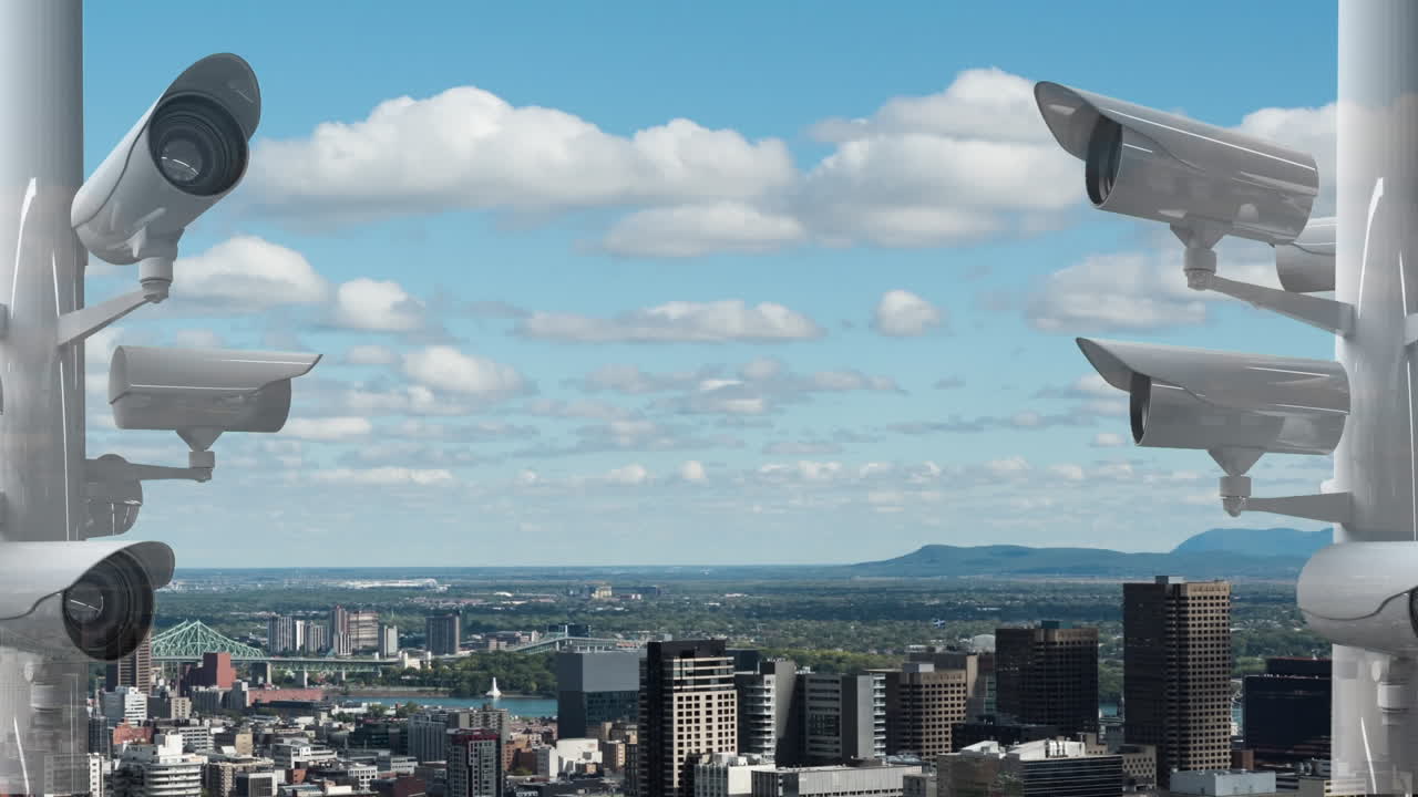 animación de cámaras de vigilancia con la ciudad en el fondo