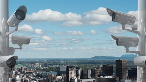 animation of surveillance cameras with city in background