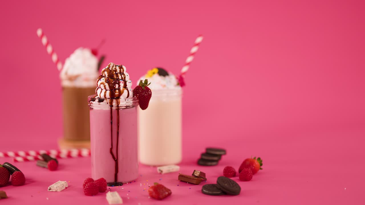 Hand places cherry atop whipped cream and chocolate-drizzled strawberry milkshake, surrounded by desserts