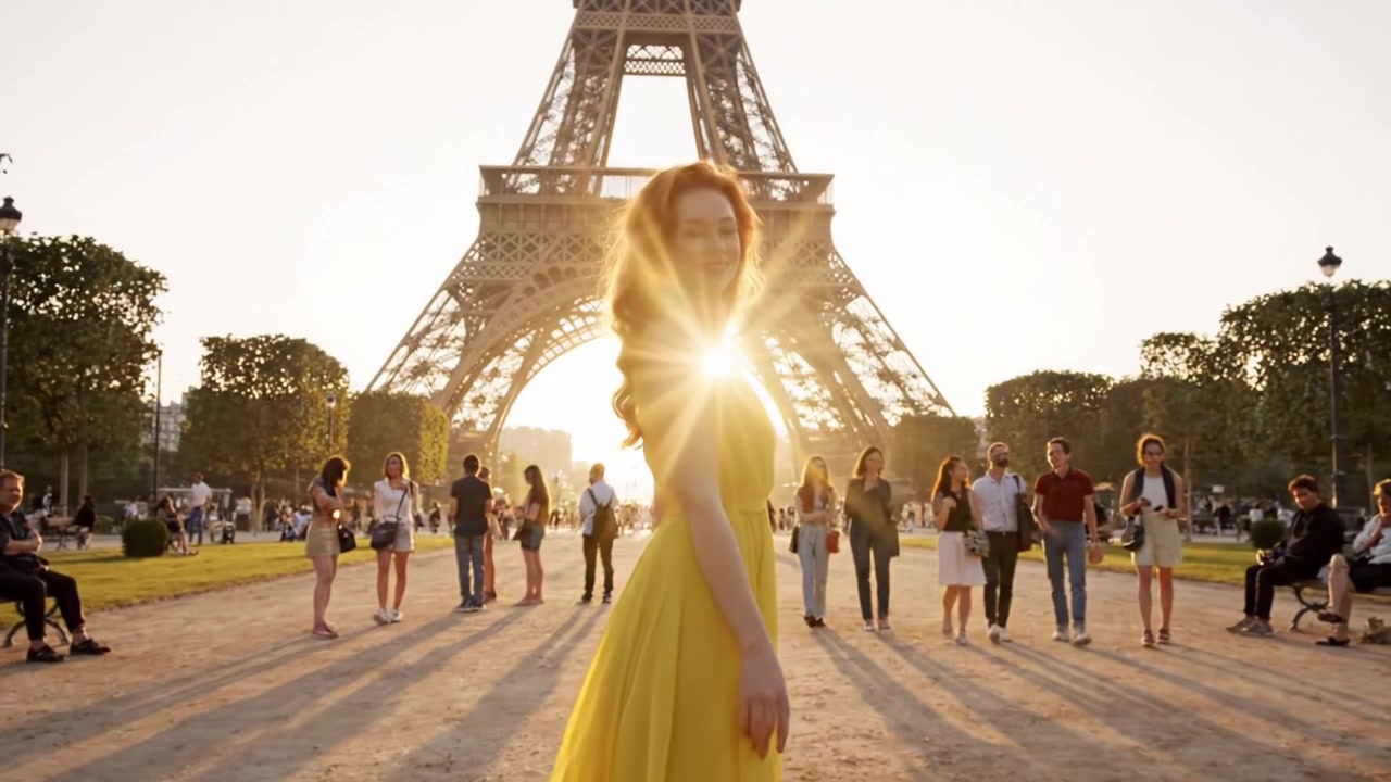 Momento majestuoso en la Torre Eiffel: Un enfoque impresionante en una mujer con vestido amarillo rodeada de gente, abrazando la belleza de París al atardecer