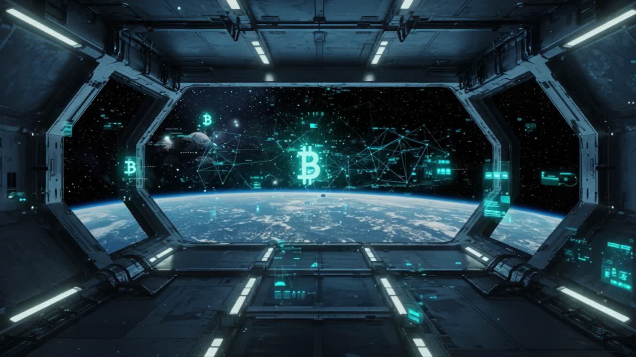 Exploring the Future of Cryptocurrency: A Stunning View from a Space Station with Bitcoin Symbols and Digital Networks Overlooking Earth