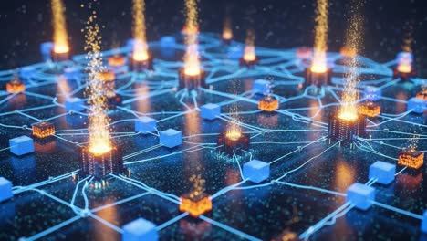 dynamic network visualization with pulsating data sources and glowing connections representing innovative digital nodes and interactive information flow