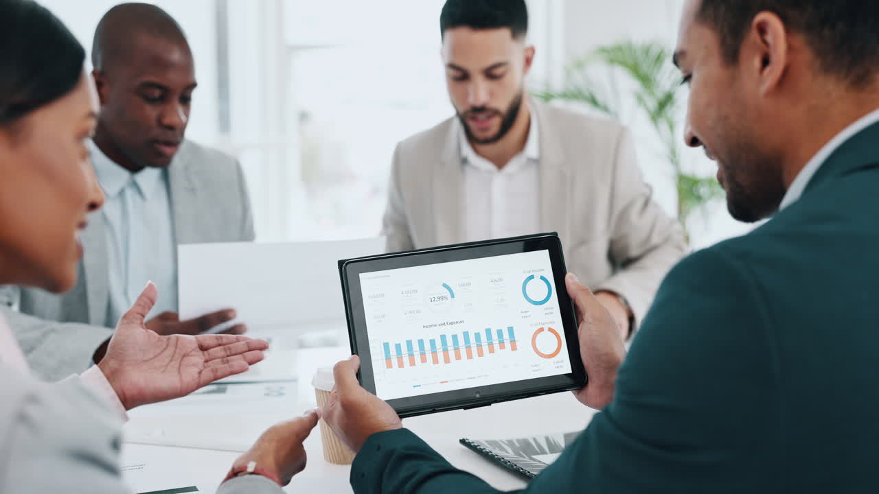 Business people, tablet and meeting in data