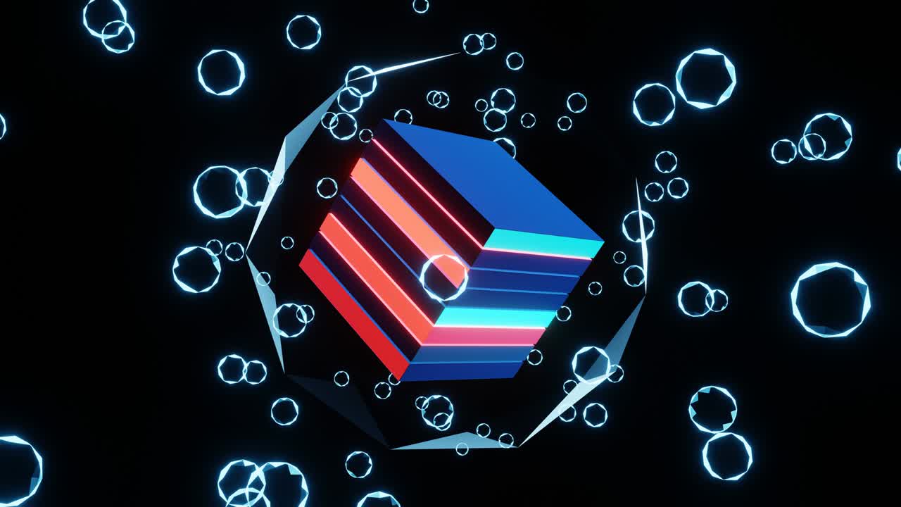 flotando en una esfera de cristal, un cubo de neón brillante.