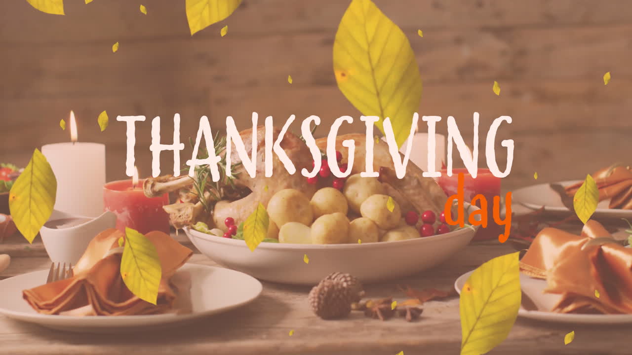 Animation of thanksgiving day text over turkey dinner and autumn leaves background